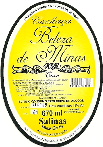 Cachaça Beleza de Minas.